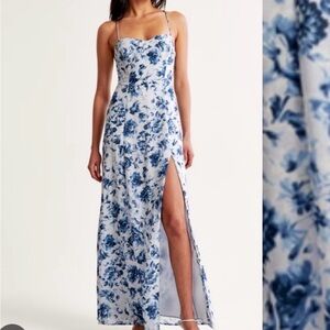 NWT Abercrombie Maxi Blue White Floral Slit Dress - size XXS